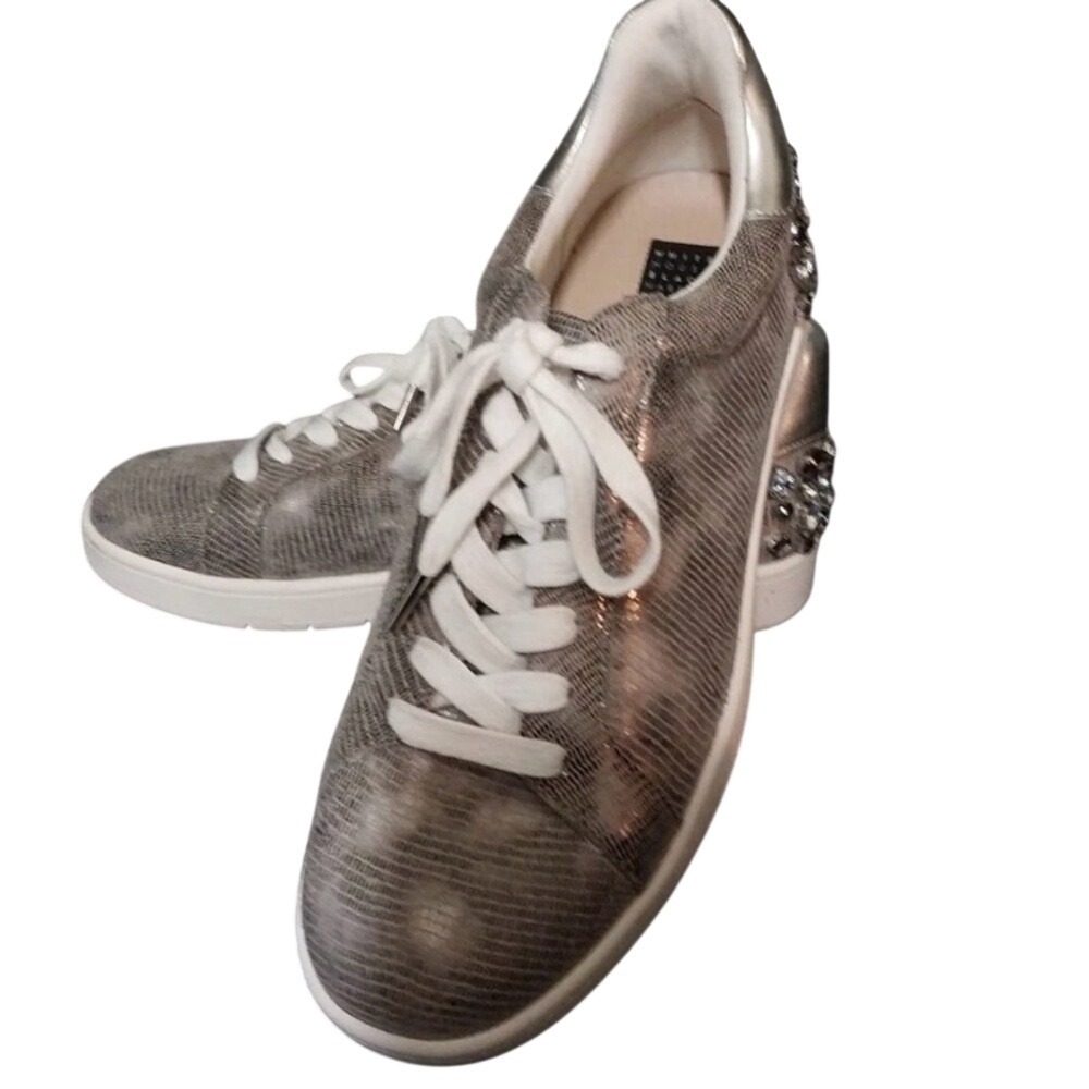White House Black Market Metallic Silver Lace-Up Sneakers with Embellished Heel